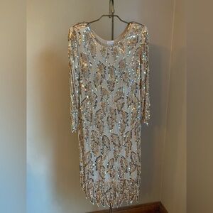 Vintage 100 % Silk Sequin Beaded Dress asymmetrical hem roaring 20’s vibe